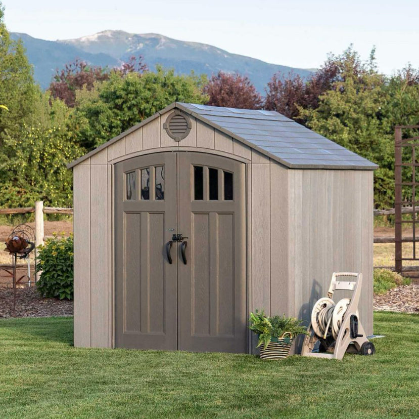 Lifetime 8'x 7.5' Outdoor Storage
Shed, Light Brown